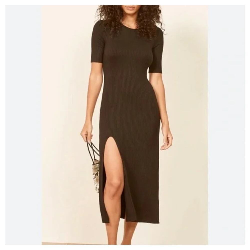 Reformation Black Olympia Midi Dress Tencel Modal Crew Neck Casual Slit Size L